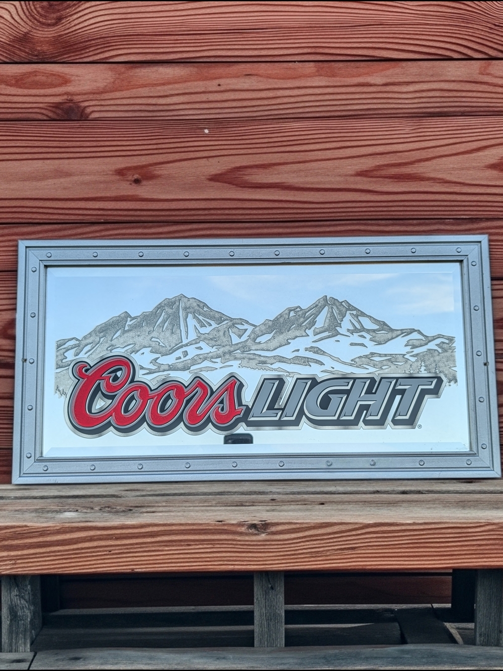 Vintage Coors Light Beer Mirror Sign With Etched Glass Mountains 27.5" X 14"